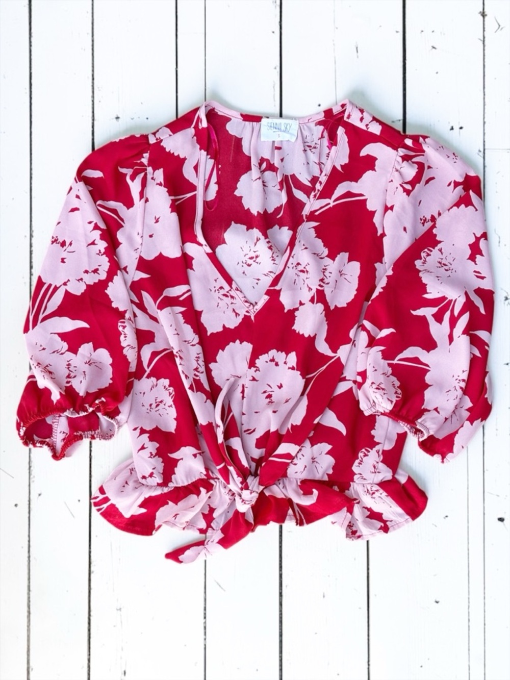 Sienna Sky Red Pink Floral Blouse Small Tie Front Peplum Lightweight Boho - Picture 9 of 9